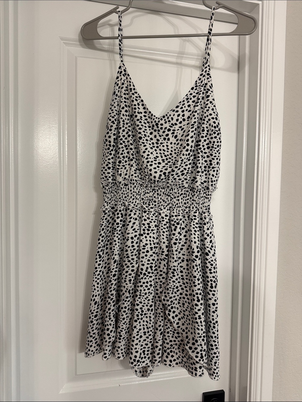 She + Sky Black and White Spotted Smocked Waist Romper
